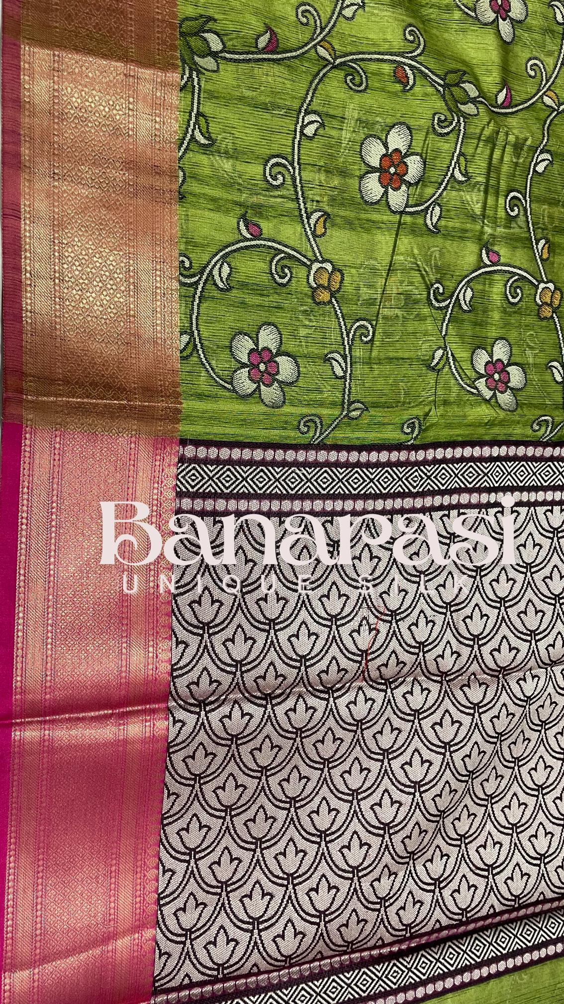 Green With PInk cottan silk banarasi saree all over weaving with meenakari