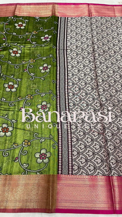 Green With PInk cottan silk banarasi saree all over weaving with meenakari