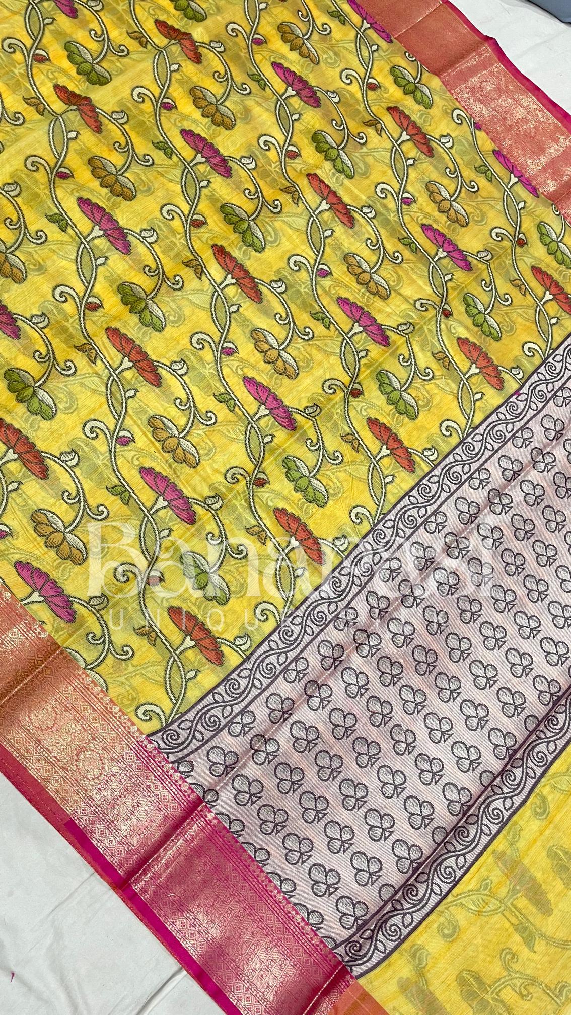 Yellow With PInk cottan silk banarasi saree all over weaving with meenakari