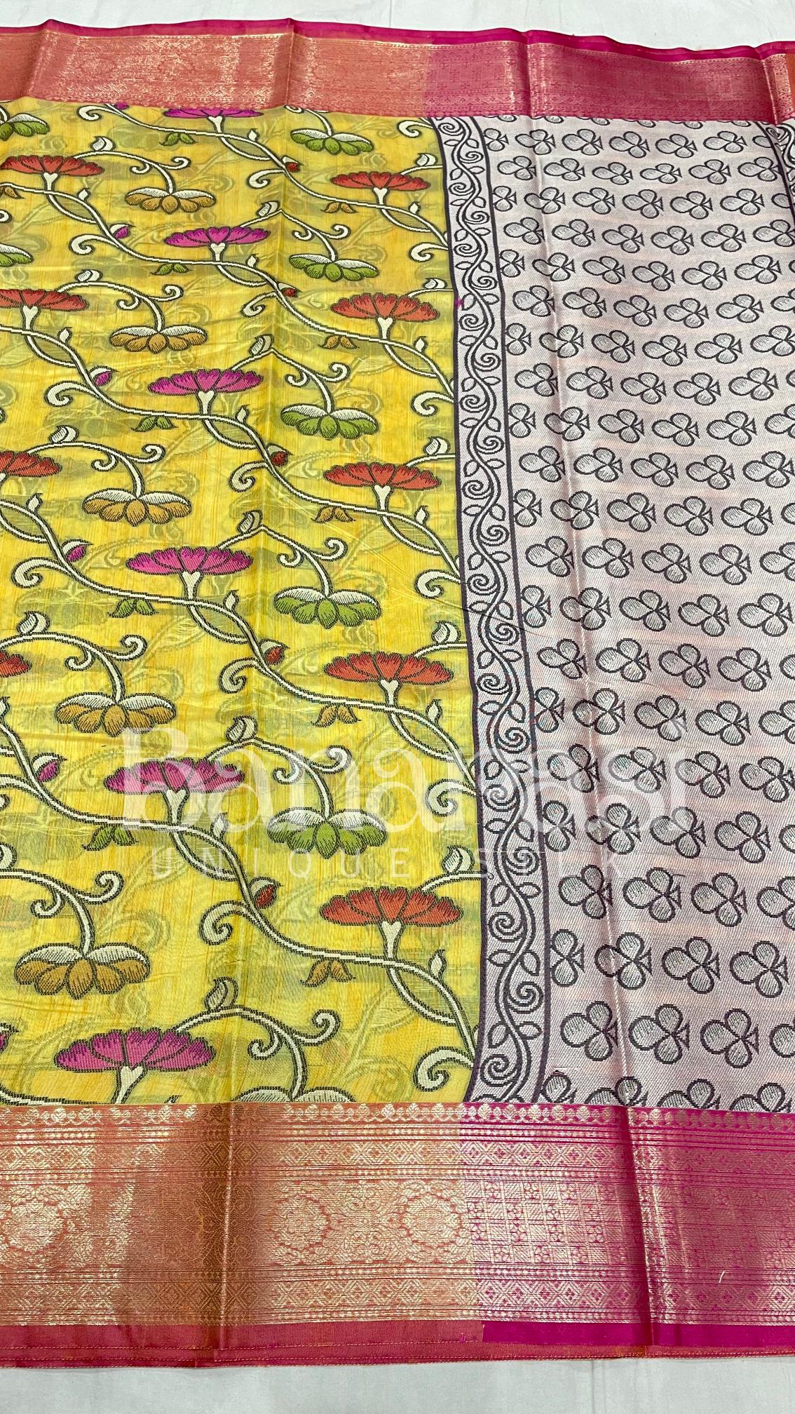 Yellow With PInk cottan silk banarasi saree all over weaving with meenakari