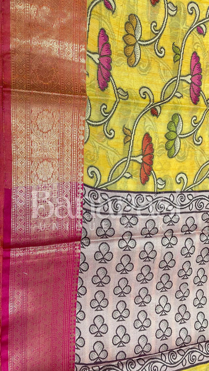 Yellow With PInk cottan silk banarasi saree all over weaving with meenakari