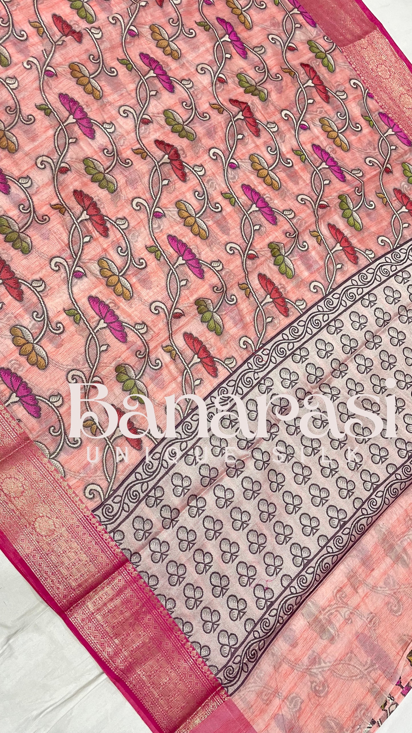 Peach With PInk cottan silk banarasi saree all over weaving with meenakari