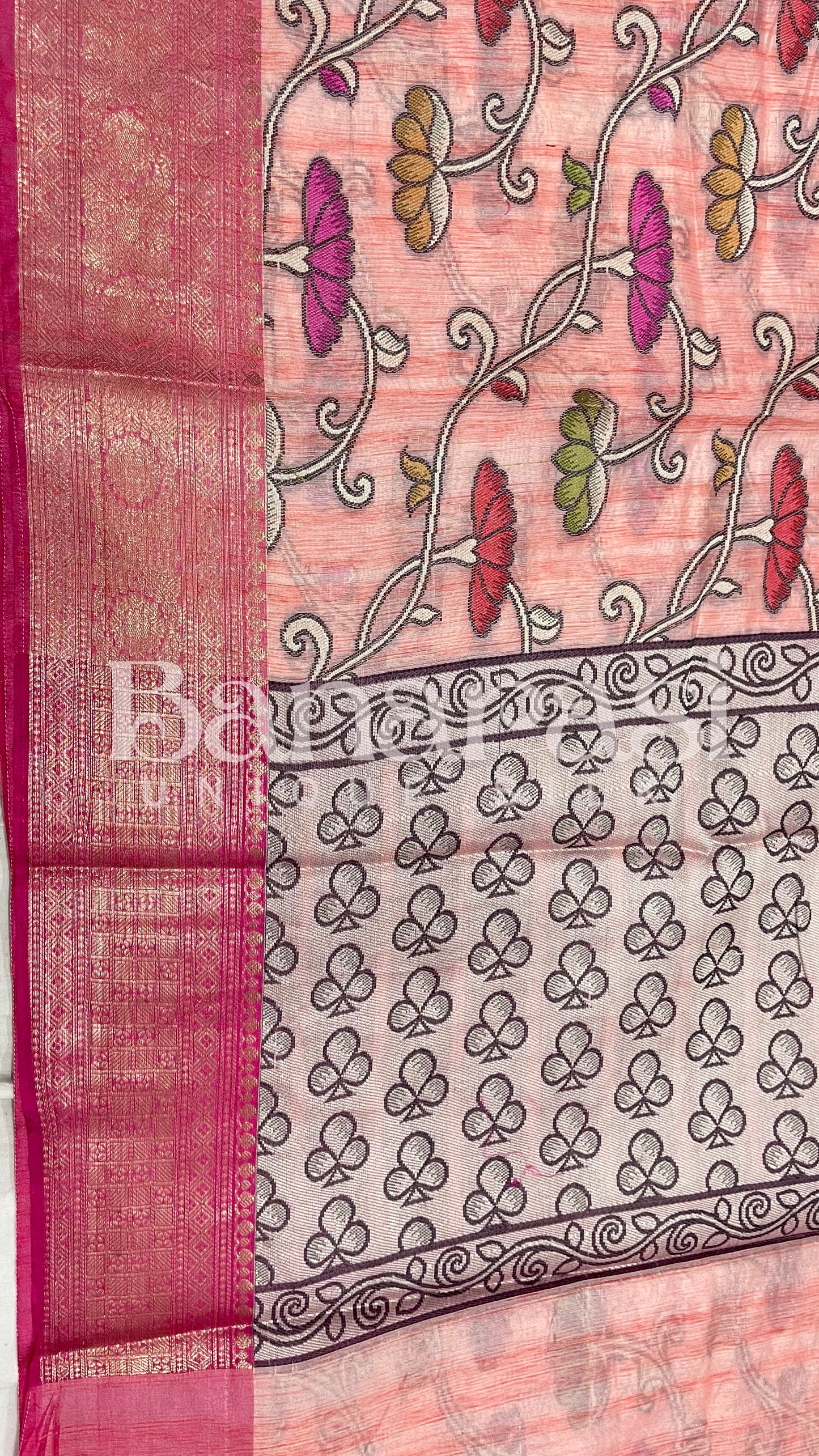 Peach With PInk cottan silk banarasi saree all over weaving with meenakari