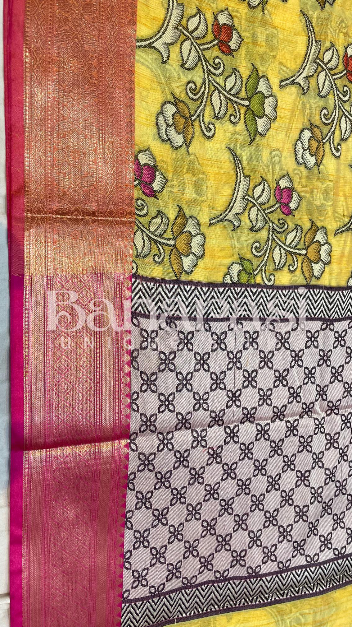 Yellow With PInk Cottan Silk Banarasi Saree All Over Weaving With Meenakari