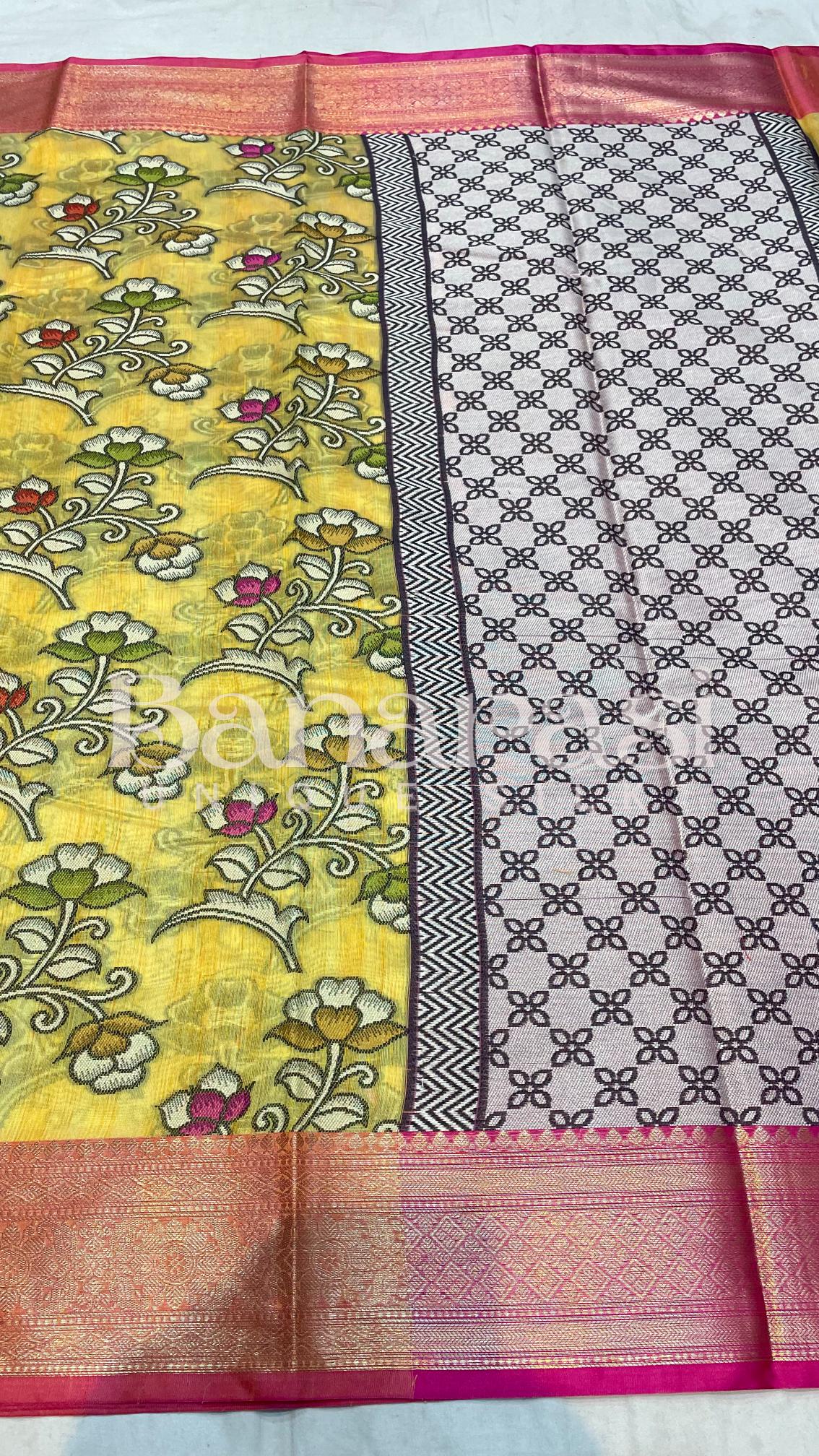 Yellow With PInk Cottan Silk Banarasi Saree All Over Weaving With Meenakari