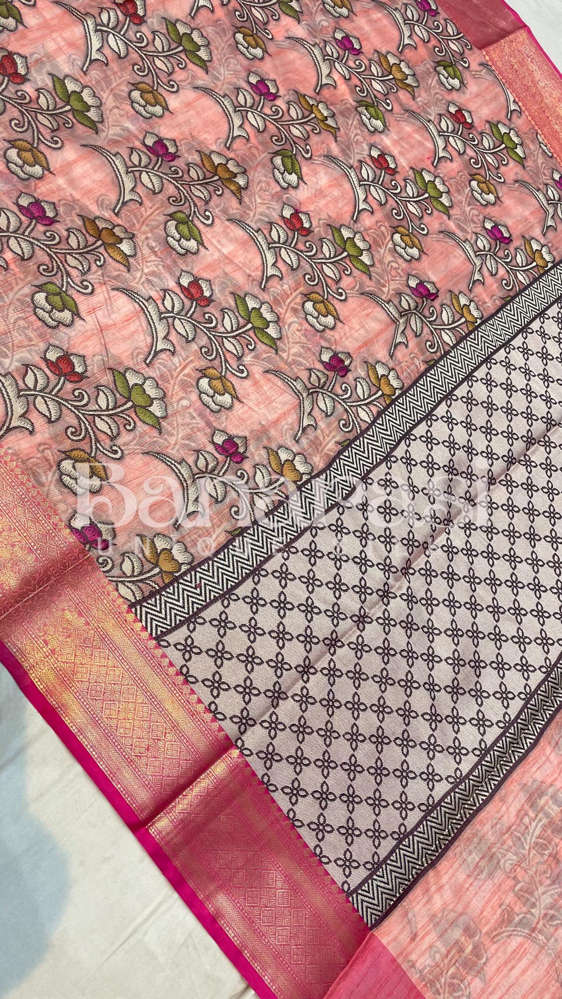 Peach With Pink Cottan Silk Banarasi Saree All Over Weaving With Meenakari