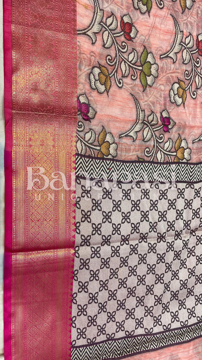 Peach With Pink Cottan Silk Banarasi Saree All Over Weaving With Meenakari