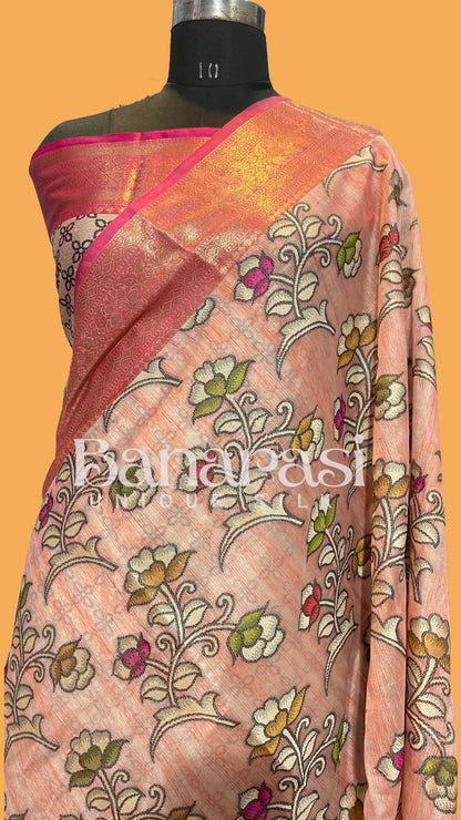 Peach With Pink Cottan Silk Banarasi Saree All Over Weaving With Meenakari