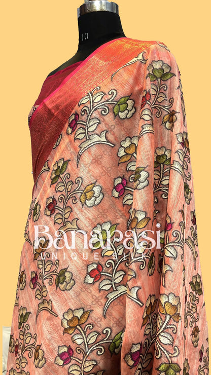 Peach With Pink Cottan Silk Banarasi Saree All Over Weaving With Meenakari