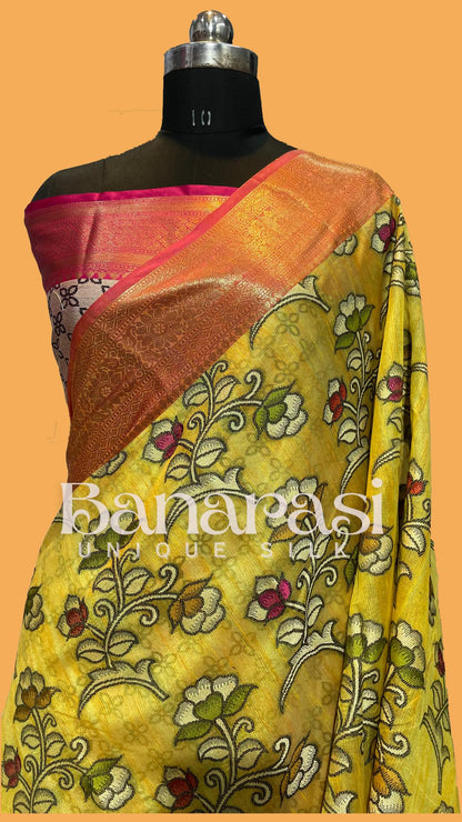 Yellow With PInk Cottan Silk Banarasi Saree All Over Weaving With Meenakari