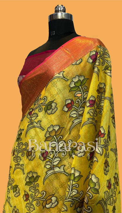 Yellow With PInk Cottan Silk Banarasi Saree All Over Weaving With Meenakari