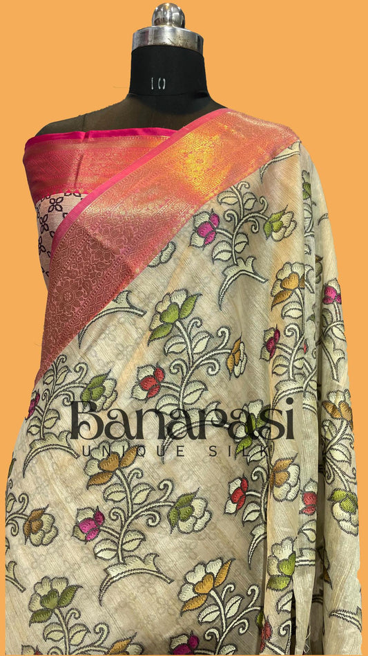 Cream With PInk Cottan Silk Banarasi Saree All Over Weaving With Meenakari