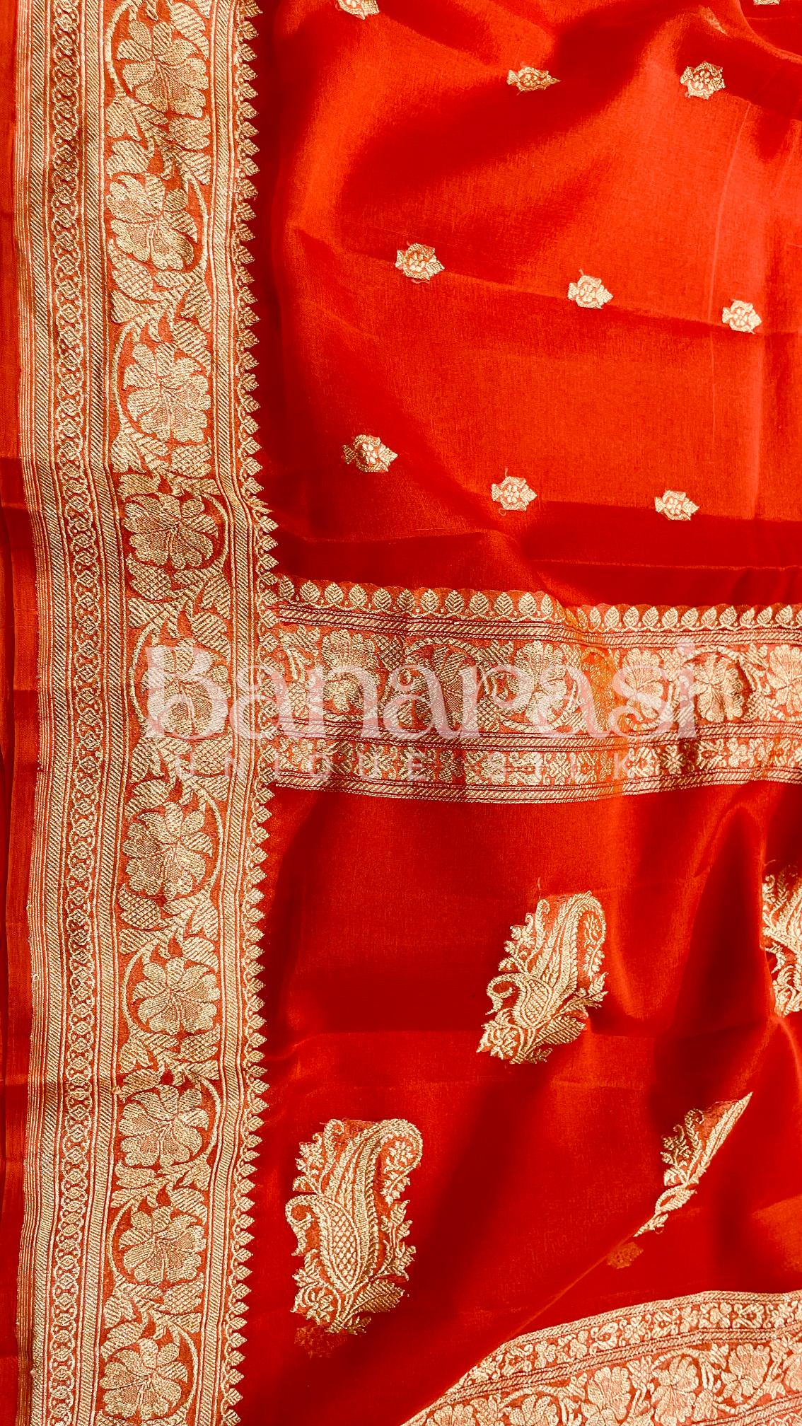 Orange Pure Georgette Banarasi Saree gold zari